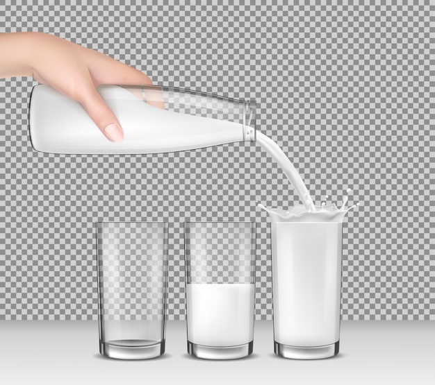 Wektor realistyczne ilustracji, ręcznie trzyma szklaną butelkę mleka, mleko odlewania do szklanki do picia