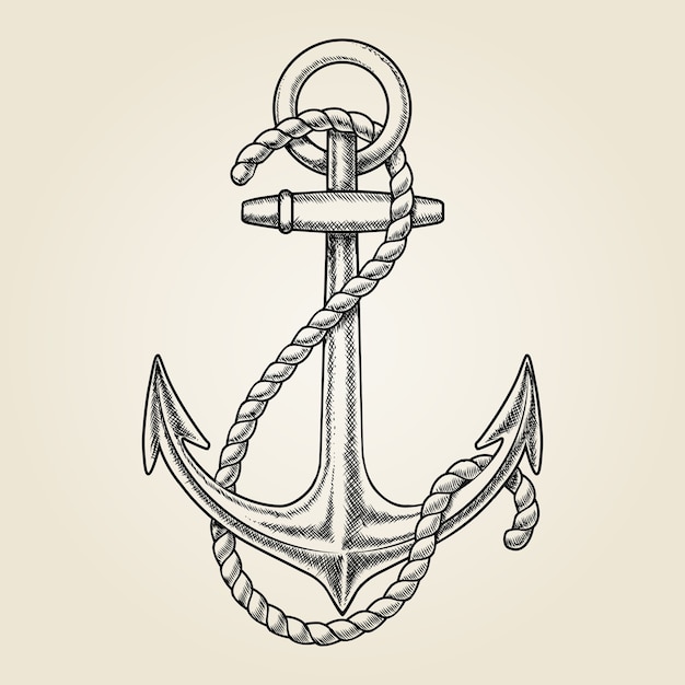 Wektor ręcznie rysowane kotwica morska. Statek element, rysunek vintage, lina morska