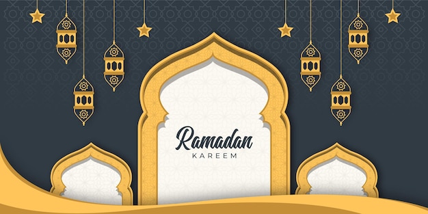 Wektor Religijny Ramadan Kareem Islamski Festiwal Pozdrowienia Sztandar Z Wektorem Kopuły Meczetu