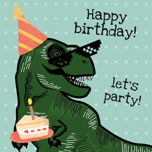 Wektor Szablon Zaproszenia Urodzinowego Dla Dzieci Z Dinozaurem Trzymającym Ilustrację Ciasta