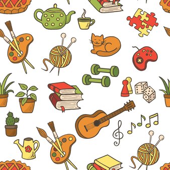 Wektor wzór ręcznie rysowane doodle domu działalności, hobby: rysunek, dziewiarskich, gitara, rośliny domowe, książki i czytanie, picie herbaty, gry planszowe. slogan: zostań w domu