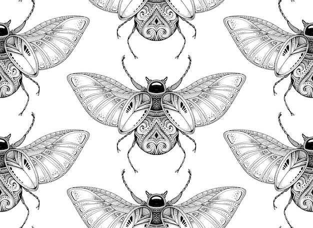 Wektor wzór z czarno-białe ręcznie rysowane stylizowane chrząszcz. doodle błąd etniczne wzorzyste.