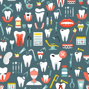 Wektor wzór z ikonami stomatologii. tło dentystyczne