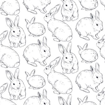 Wektor wzór z ręcznie rysowane królików. realistyczne szkice zwierząt w czarno-białych kolorach. wielkanoc niekończące się tło