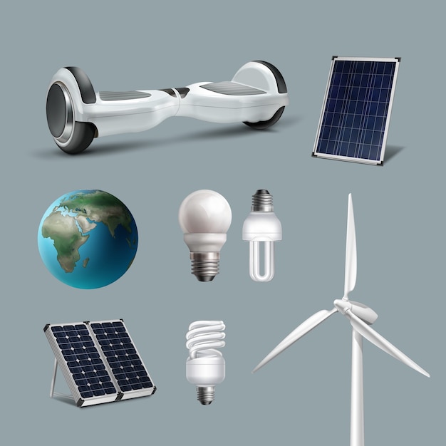 Wektor Zestaw Alternatywnych I Odnawialnych źródeł Energii Z Wiatrowymi Generatorami Elektrycznymi, Panelami Słonecznymi, Lampami Energooszczędnymi, Czystą Planetą, Hoverboardem