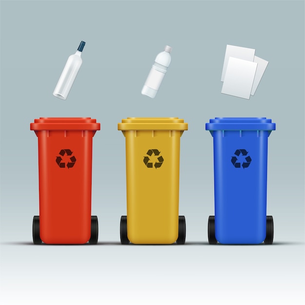 Wektor zestaw czerwonych, żółtych, niebieskich pojemników do recyklingu na odpady szklane, plastikowe, papierowe