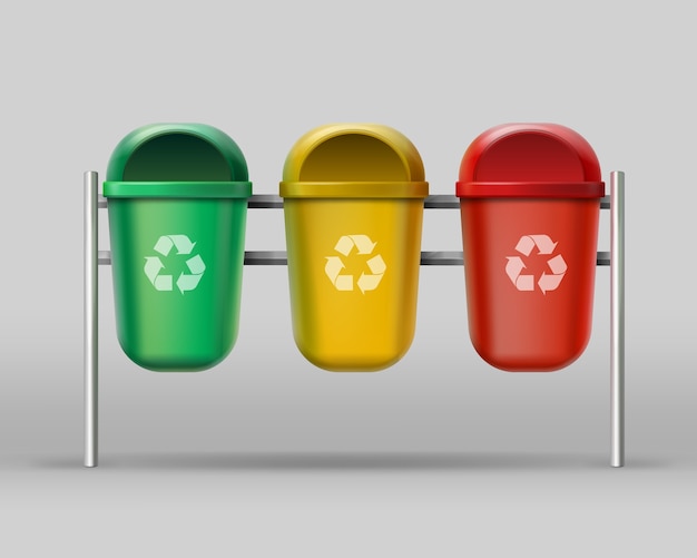 Bezpłatny wektor wektor zestaw czerwonych, żółtych, zielonych pojemników do recyklingu na odpady szklane, plastikowe, papierowe