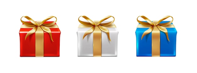Bezpłatny wektor wektor zestaw ikon pudełka na prezenty w kolorze czerwonym, białym i niebieskim ze złotą wstążką i kokardkami