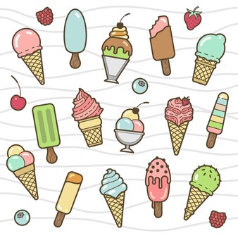 Wektor zestaw ikon pyszne kolorowe lody. zbiór różnych smaków i rodzajów