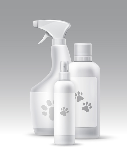 Wektor zestaw plastikowych butelek do higieny zwierząt domowych i groomong na białym tle na tle