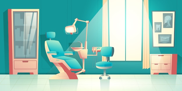 Bezpłatny wektor wektorowy gabinet dentysta, kreskówki wnętrze z wygodnym krzesłem