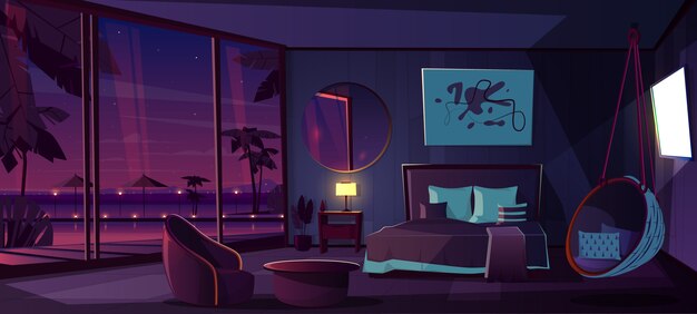 Wektorowy kreskówki wnętrze hotelowa sypialnia przy nocą
