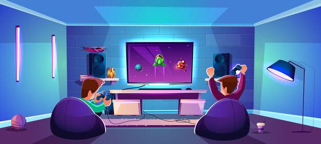 Wektorowy pokój gier z ludźmi bawić się cyfrową rozrywkę, nowożytny esports pojęcie