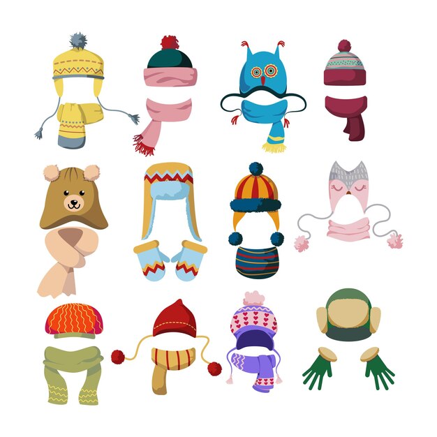 Wełniane czapki i szaliki zestaw płaskich ilustracji