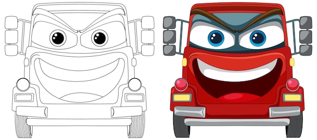 Bezpłatny wektor wesołe samochody ciężarowe z wyrazistymi twarzami
