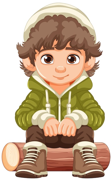 Bezpłatny wektor wesoły chłopiec w kreskówkowej bluzie z kapturem siedzący na drewnianej kłodzie