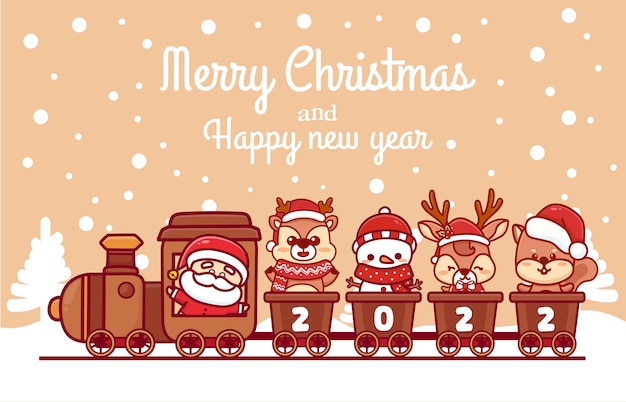 Wesołych świąt I Szczęśliwego Nowego Roku Pozdrowienia 2022 Szablon Z Uroczym Mikołajem Jeżdżącym świątecznym Pociągiem. Premium Wektorów