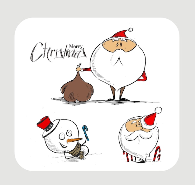 Wesołych Świąt! Ręka szkicowy rysunek zabawny Mikołaj trzymając worek na prezent, ilustracji wektorowych