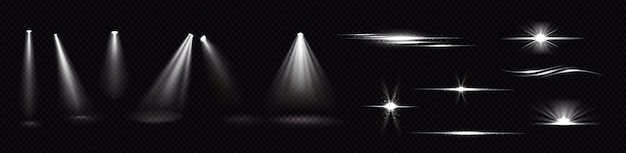 Wiązki światła z reflektorów i błysków na przezroczystym tle. realistyczny zestaw efektów flary, jasnych białych promieni i odblasków z iskrami. Świeci i flary projektora