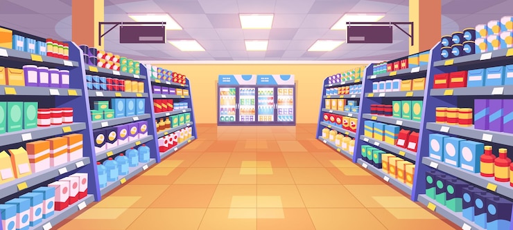 Bezpłatny plik Wektor widok perspektywiczny korytarza supermarketu