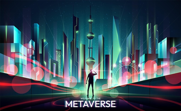 Widok perspektywiczny przyszłego miasta metaverse koncepcja świata technologii metaverse