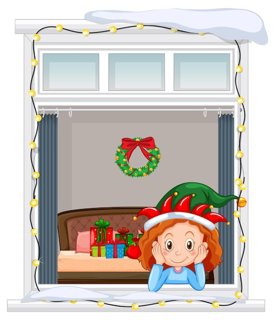 Bezpłatny wektor widok przez okno postaci z kreskówek w motywie świątecznym
