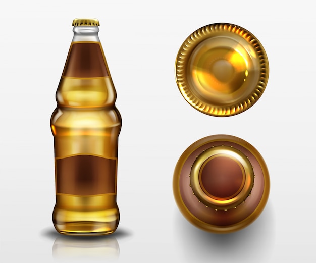Bezpłatny wektor widok z góry i dołu butelki piwa, napój alkoholowy w pustej szklanej kolbie z zamkniętym metalowym korkiem i płynem na białym tle