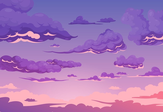 Wieczorne zachmurzone niebo fioletowe tło z grupą chmur cumulus i cirrus płaska ilustracja kreskówka