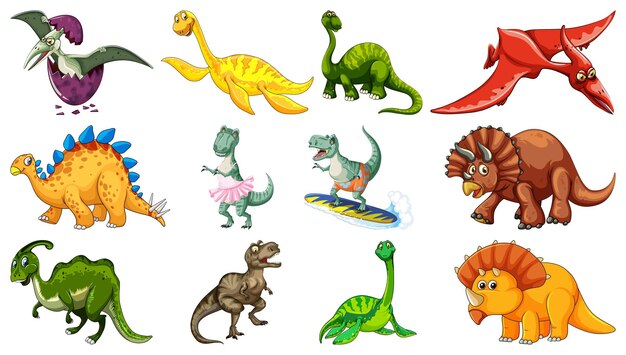 Wiele dinozaurów na białym tle