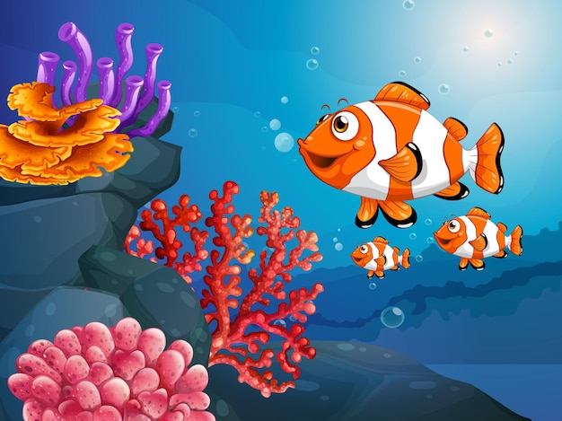 Wiele egzotycznych ryb postać z kreskówki w podwodnej scenie z koralowcami