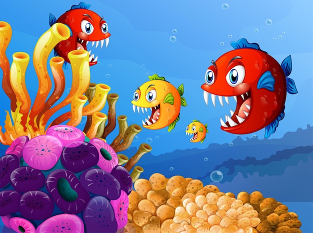 Wiele egzotycznych ryb postać z kreskówki w podwodnym tle