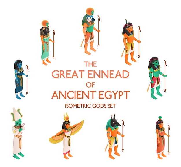 Bezpłatny wektor wielka ennead starożytnego egiptu, w tym ra bastet isis osiris zestaw ilustracji wektorowych ptah maat na białym tle