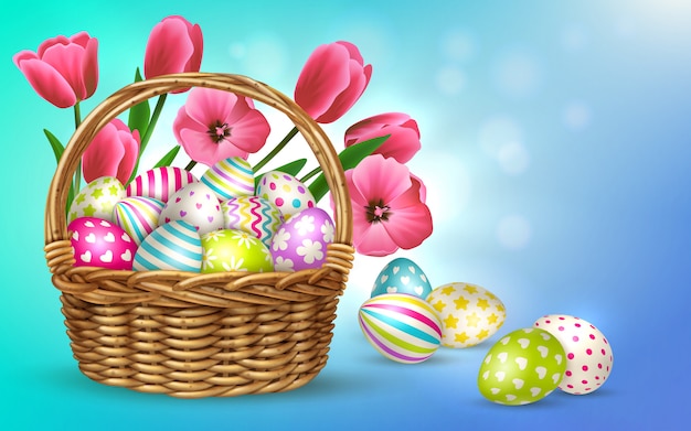 Wielkanocny skład z rozmytym tłem i wizerunkami kosz wypełniał z kwiatami i świątecznymi Easter jajkami ilustracyjnymi