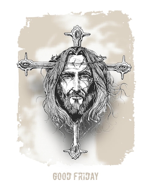 Wielki piątek i Wielkanoc twarz Jezusa na krzyżu szkic ilustracji wektorowych