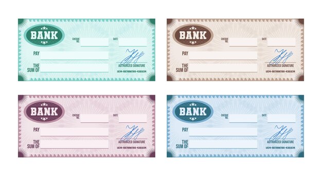 Bezpłatny wektor wielobarwny podpisany pusty czek bankowy z giloszem i realistycznymi znakami wodnymi zestaw izolowany na białym tle ilustracji wektorowych