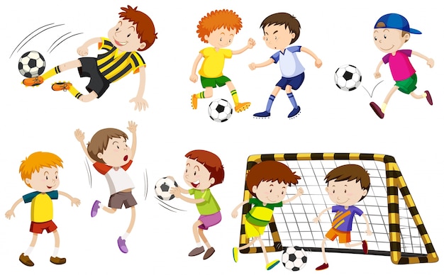 Bezpłatny wektor wielu chłopców grających w piłkę nożną ilustracji