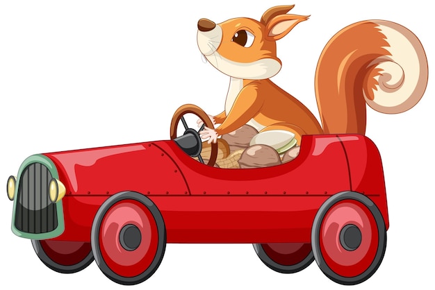 Bezpłatny wektor wiewiórka prowadząca czerwony samochód pełen orzechów