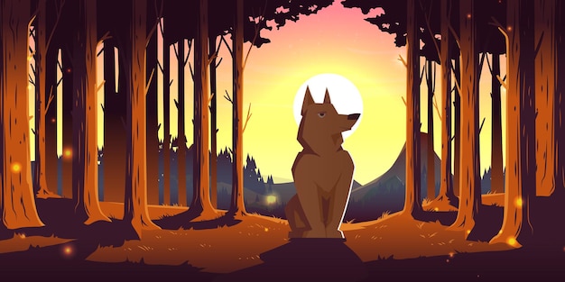 Bezpłatny wektor wilk w lesie, dzikie zwierzę siedzące w głębokim lesie z drzewami wokół i słońce świecące nad szczytami gór. dziki pies z brązowym futrem, toczeń w parku zoologicznym na świeżym powietrzu, dzika przyroda, ilustracja kreskówka wektor