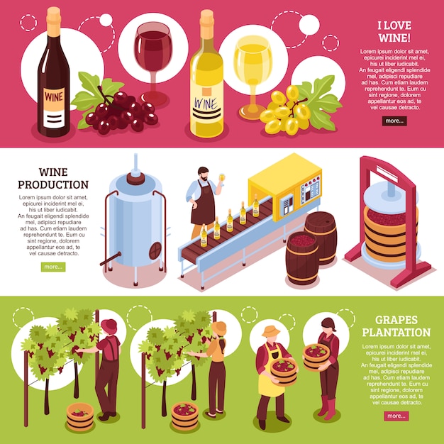 Bezpłatny wektor winiarnia izometryczne poziome bannery czerwone i białe wino produkcja napojów i plantacji winogron
