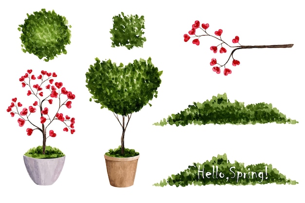 Wiosenny zestaw roślin w doniczce w formie serc akwarelowe zielone krzewy do dekoracji