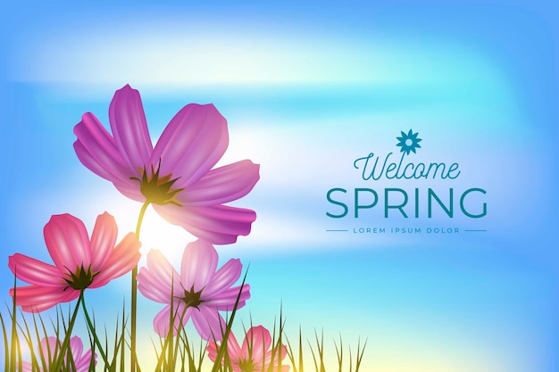 Bezpłatny wektor wiosny tło z niebem i kwiatami w polu