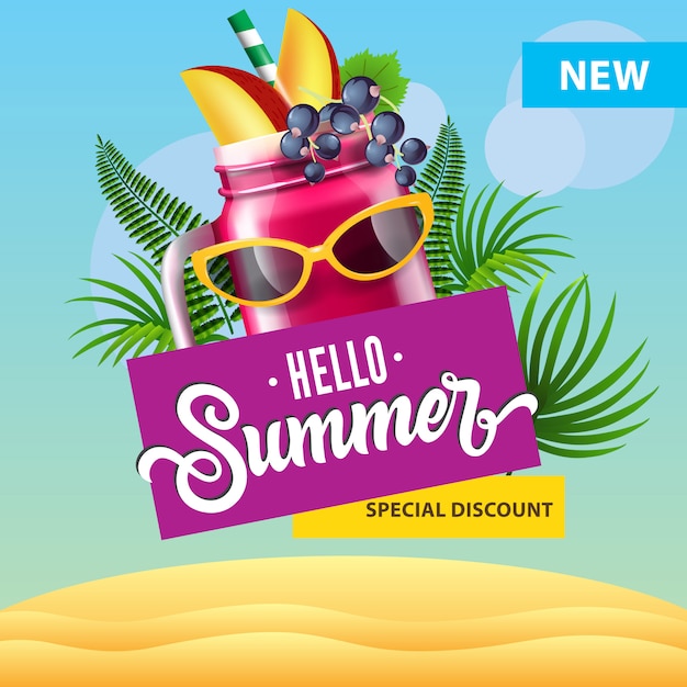Witam lato plakat specjalny rabat z kubek jagodowy koktajl, okulary przeciwsłoneczne, tropikalny liści