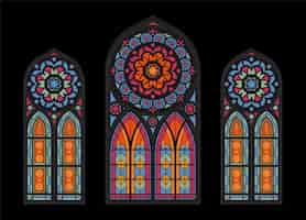 Bezpłatny wektor witraże kolorowe mozaiki katedry okna na ciemnym gotyckim kościele piękny widok wnętrza ilustracja clouseup