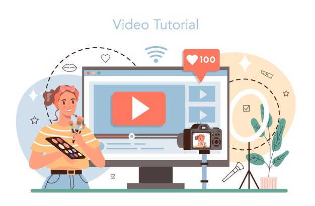 Wizażystka usługa online lub platforma Profesjonalny artysta wykonujący zabieg kosmetyczny nakładający kosmetyki na twarz Samouczek wideo Płaska ilustracja wektorowa