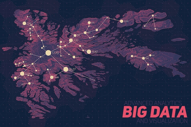 Wizualizacja Dużych Zbiorów Danych Terenowych. Infografika Mapy Futurystycznej. Złożona Graficzna Wizualizacja Danych Topograficznych. Abstrakcyjne Dane Na Wykresie Wysokości. Kolorowy Obraz Danych Geograficznych.