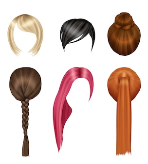 Włosy kobiety. seksowny uroda dziewczyny krótkie i długie włosy blondynka brunetka czerwony wektor realistyczny zestaw. fryzura atrakcyjna stylowa, inna modna ilustracja fryzury