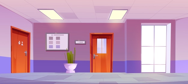 Bezpłatny wektor wnętrze korytarza szkolnego z drzwiami wc sala kliniki
