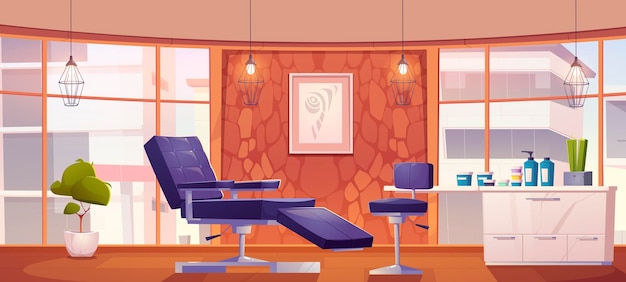 Bezpłatny wektor wnętrze salonu tatuażu z krzesłami i kosmetykami