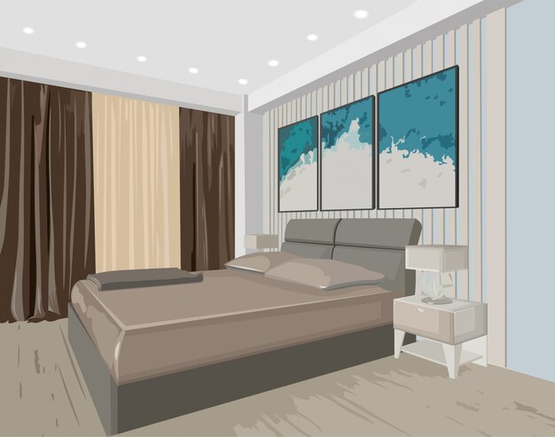 Wnętrze sypialni z nowoczesnym łóżkiem i obrazami