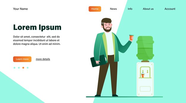 Woda pitna człowiek w chłodnicy. Pracownik biurowy, pracownik, ilustracja wektorowa płaska przerwa w pracy. Napoje, napoje, projekt strony internetowej z koncepcją watercooler lub stronę docelową